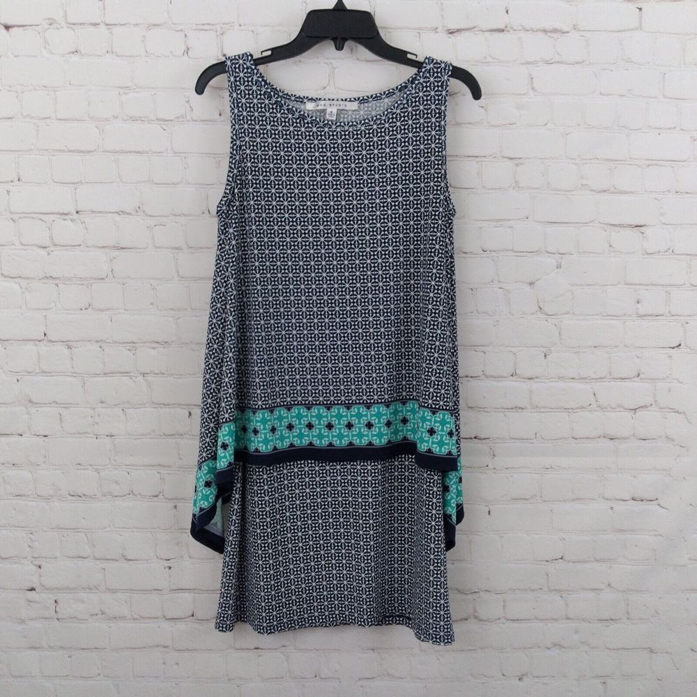 Max Studio Dress Womens Small Blue Geometric Sleeveless Layered Boho Mini